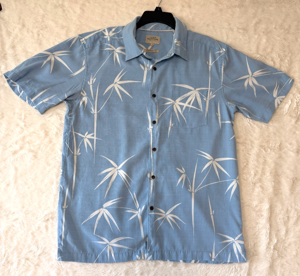 Quiksilver Waterman Mens M Blue White Bamboo Tropical Hawaiian Shirt Comfort Fit